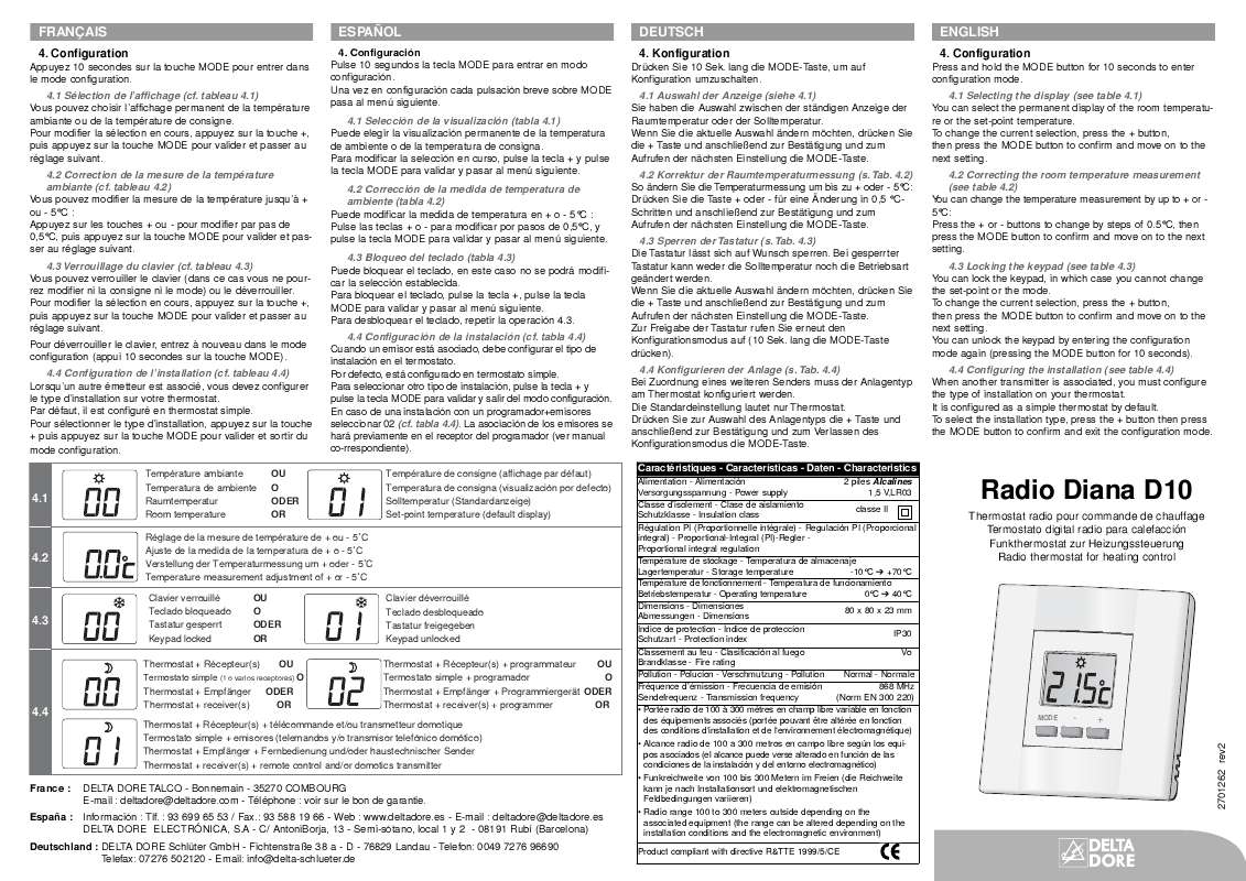 Notice DELTA DORE RADIO DIANA D10 alarme Trouver une solution à un — free download